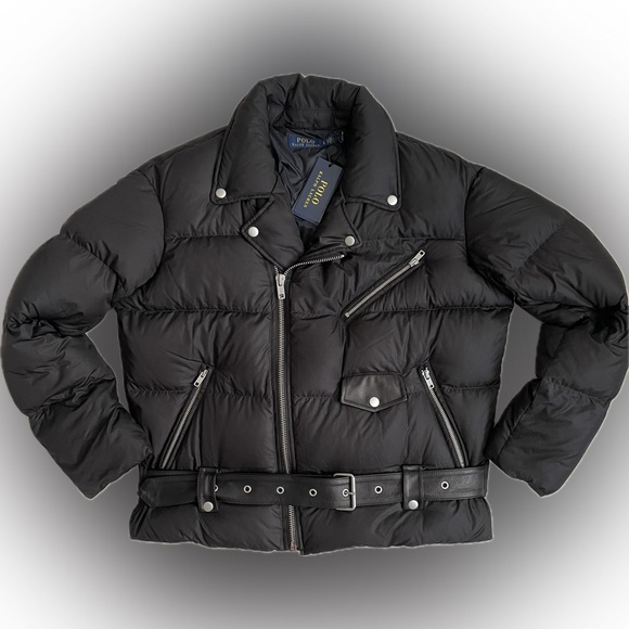 New Polo Ralph Lauren Down Moto Puffer Black Jacket Women’s Size Large - Picture 2 of 16